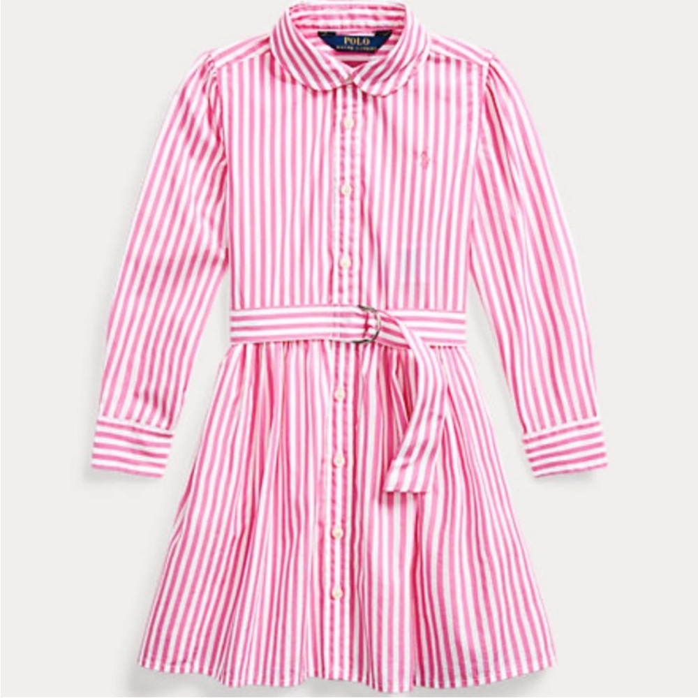 New polo Ralph Lauren Pink Striped Button-Up Dress long sleeve sz 7 missing belt
